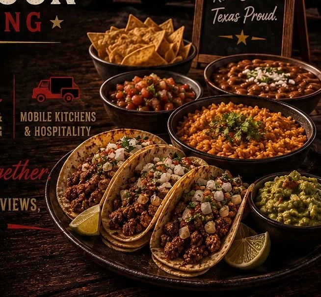 Tacos, rice, beans, and guacamole arranged for a Red Moon meal