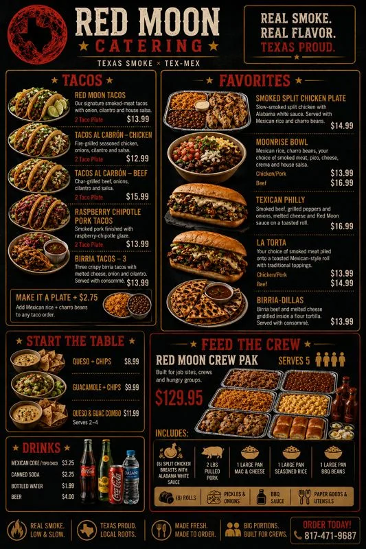Red Moon Catering full menu preview